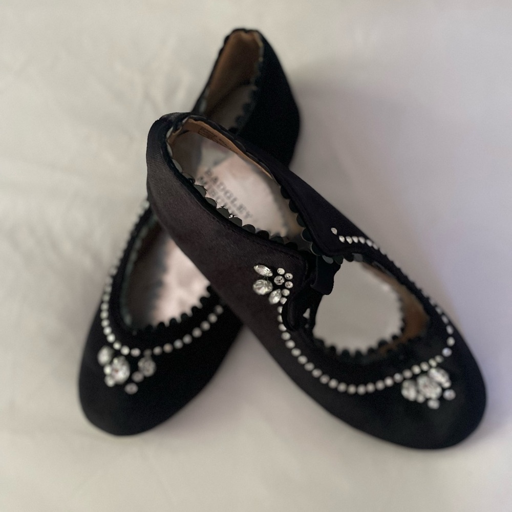 Badgley Mischka Black Satin Flats with Embellishments